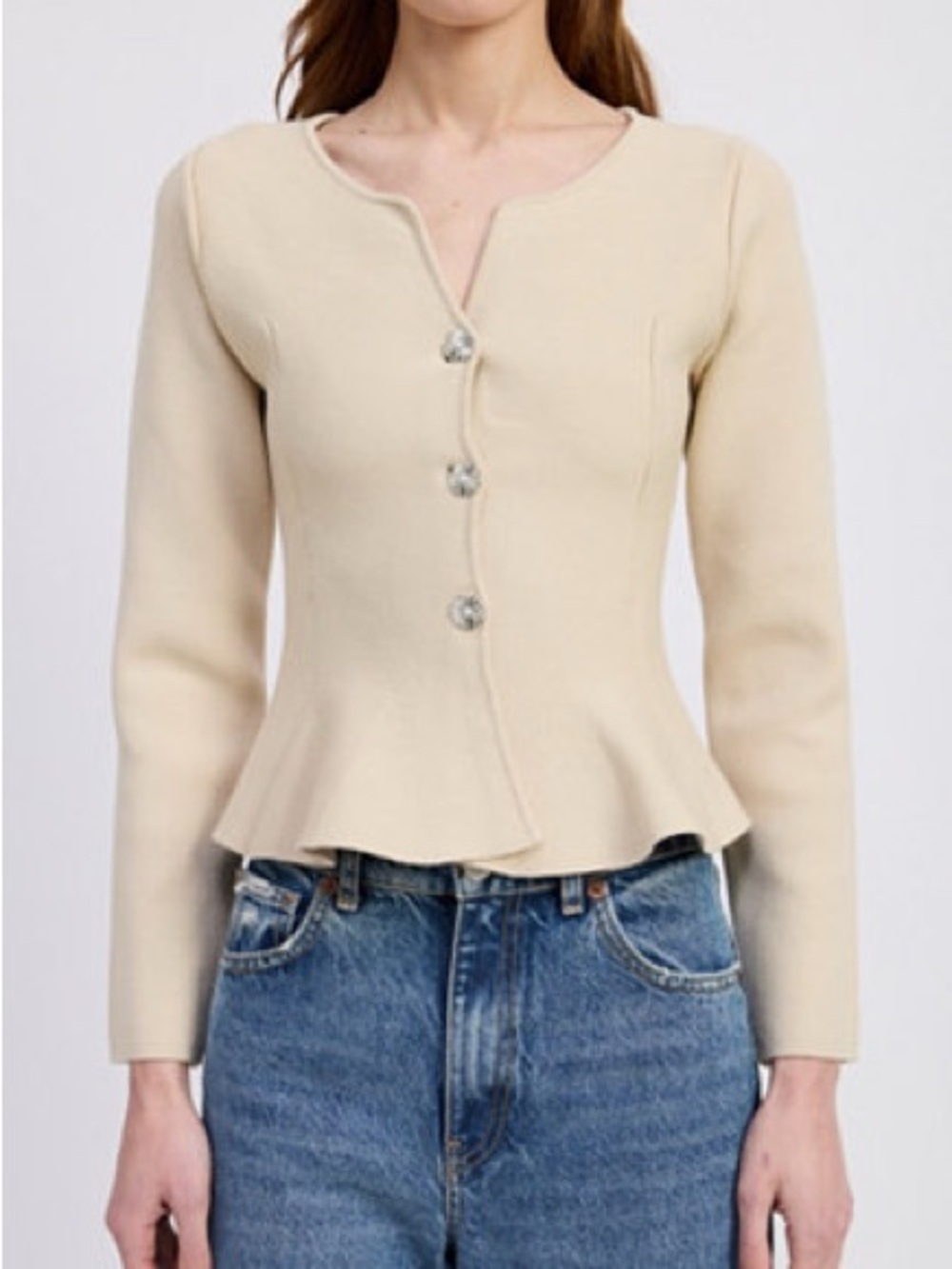En Saison Cream Ribbed Knit Top with Button Detail